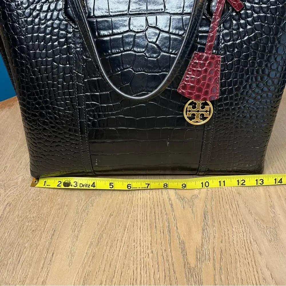 Tory Burch Perry Black Croc Embossed Triple Compartment Zip Tote Bag Large Purse